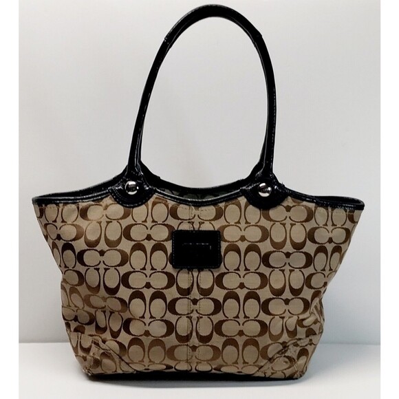 Coach Bleecker Jaquard Brown Black Leather Signature C Logo Tote Shoulder Bag - Picture 1 of 16